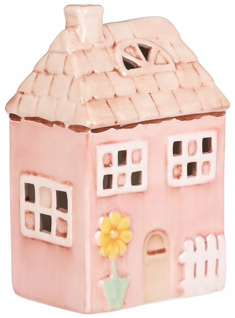 Kerámia házikó LED-del, 12 x 9 x 18 cm, tavasz,rózsaszín