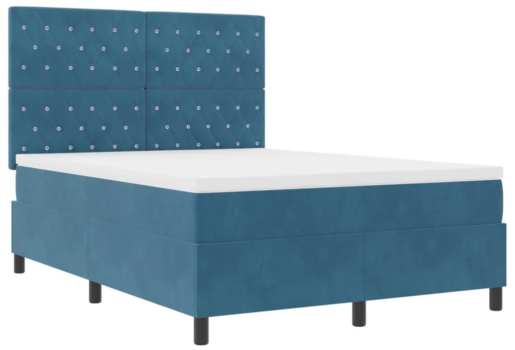 Box Spring Ágy Mattal Sötétkék 140x200 cm Bársony
