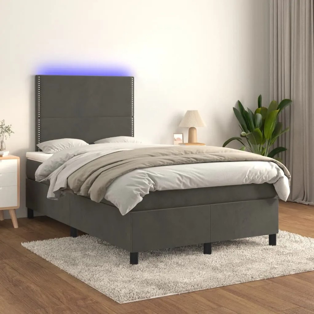 sötétszürke bársony rugós és LED-es ágy matraccal 120x190 cm