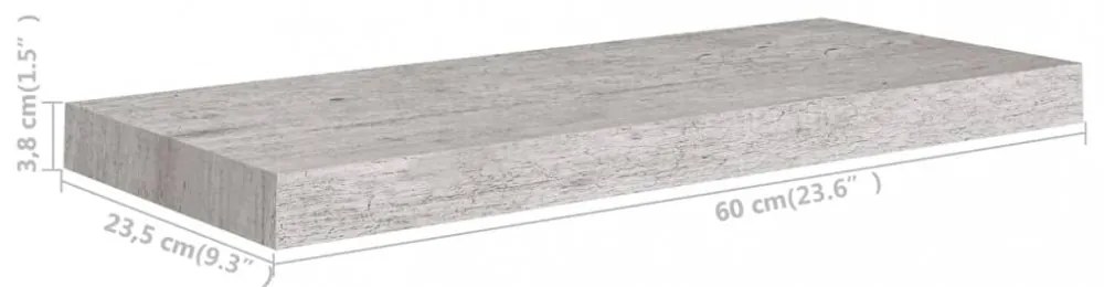 betonszürke MDF lebegő fali polc 60 x 23,5 x 3,8 cm