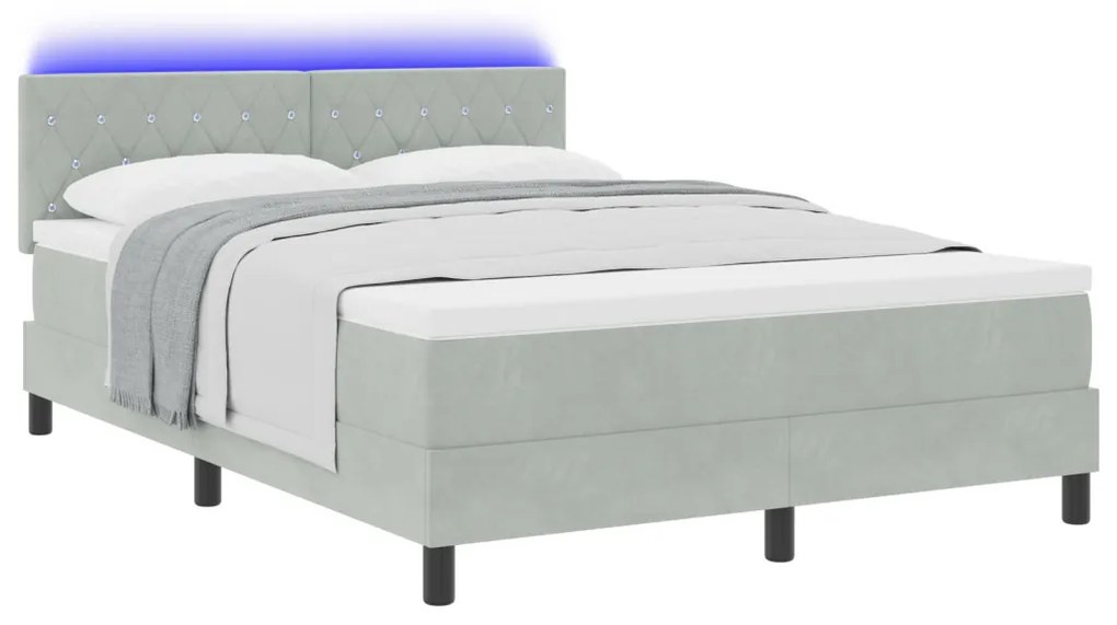Boxspring Ágy Mattal és LED Fénnyel Világosszürke 160x200 cm Bársony