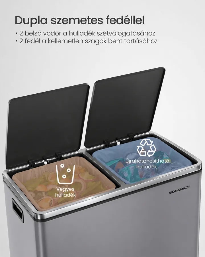 2 rekeszes pedálos recycling szemetes lágy záródással, szürke fém