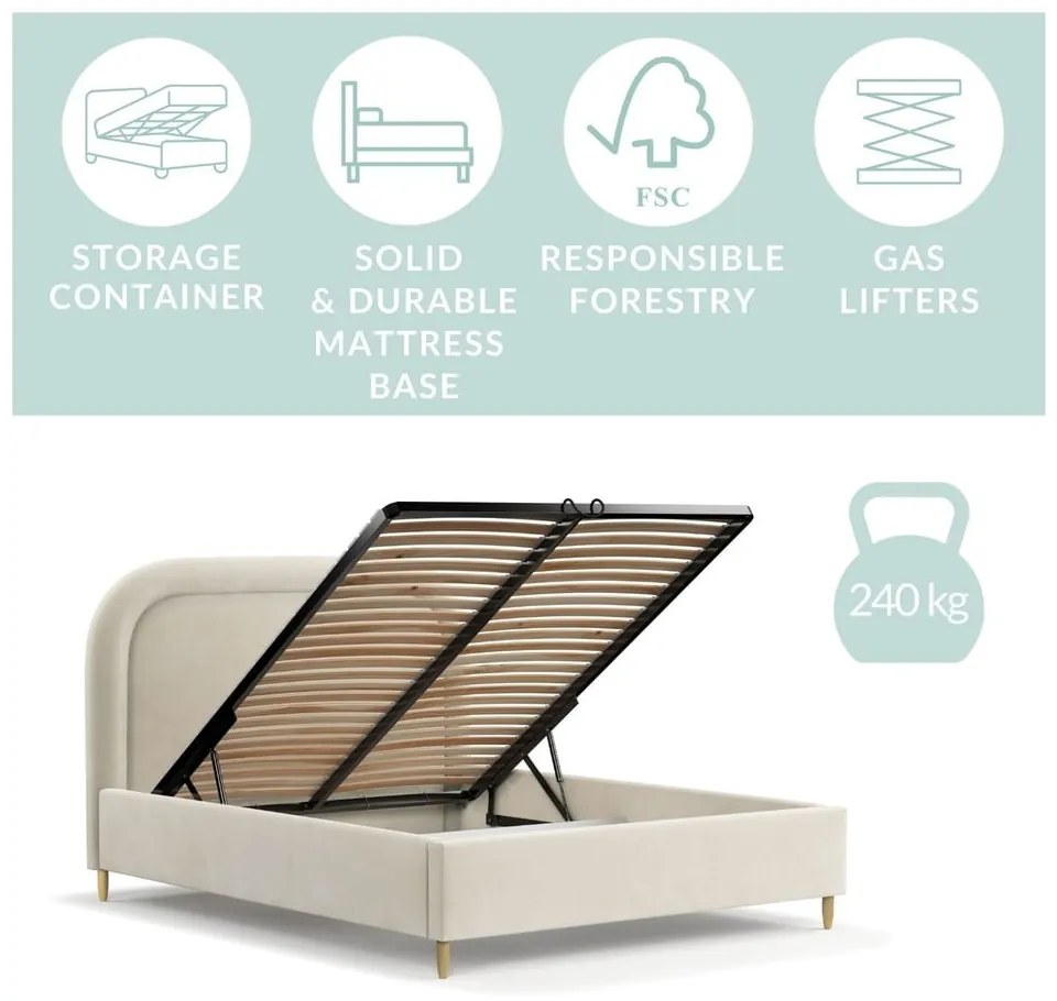 Krémszínű kárpitozott ágyneműtartós franciaágy ágyráccsal 160x200 cm Mija – Maison de Rêve