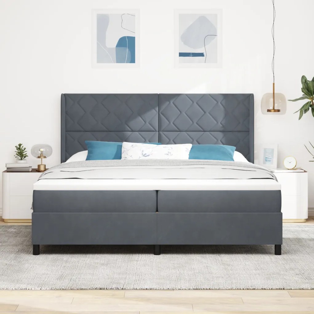 Boxspring ágy matraccal és LED világítással sötétszürke 200x200 cm bársony