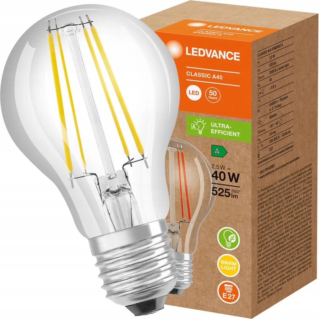 Led izzó Filament E27 A60 2,5W 40W 525lm 3000K Ultra Efficient Ledvance