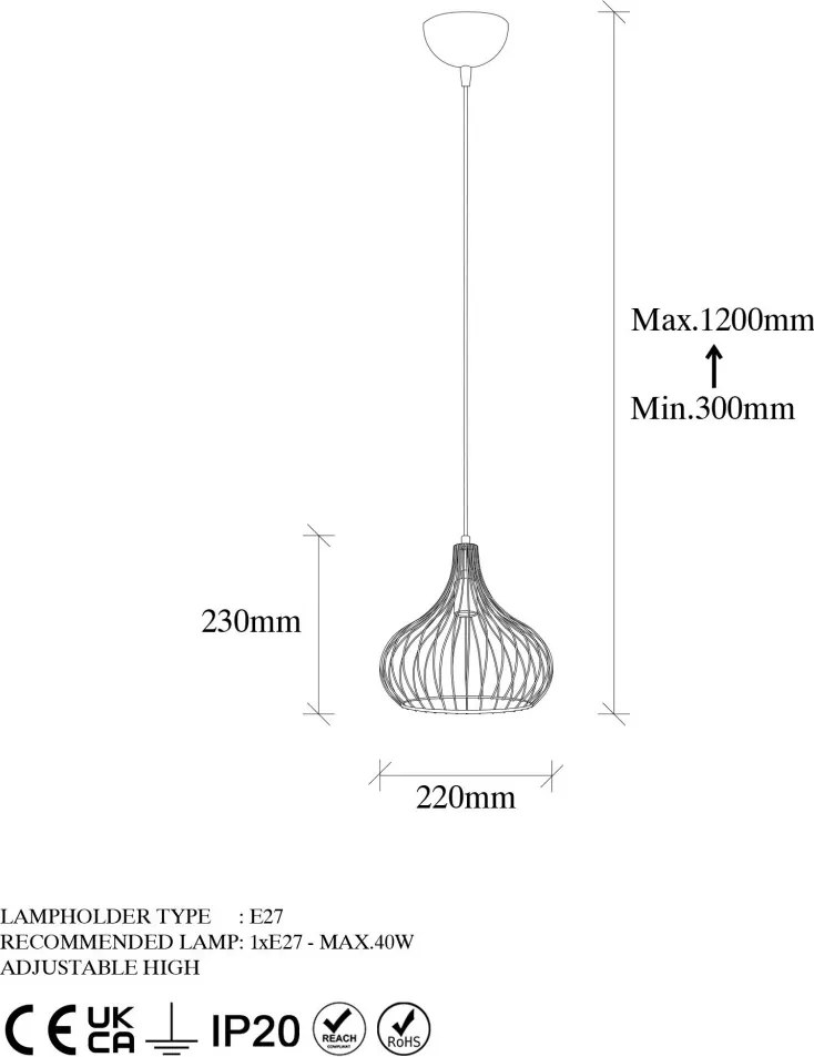 Teldamla fém függőlámpa, Ø22 cm – TR942FLG1604