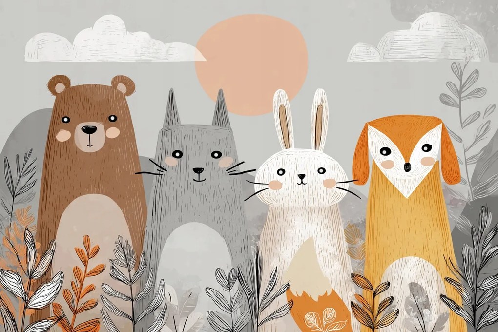 Fotótapéta Flizelina Gyerekek Állatok Erdő Mackó Nyúl Macska 208x146 ragasztó