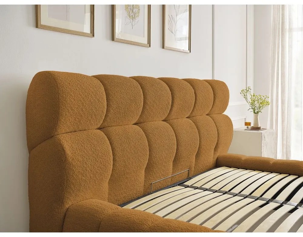 Mustársárga kárpitozott ágyneműtartós franciaágy ágyráccsal 180x200 cm Mont Blanc – Bobochic Paris