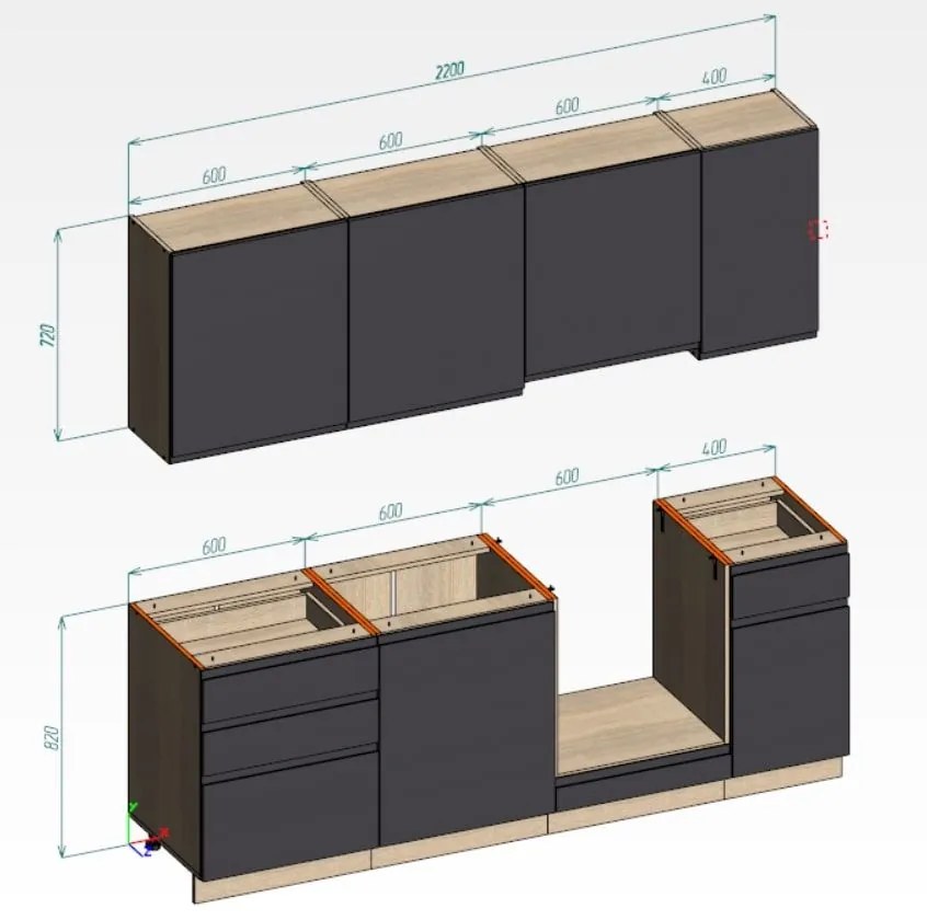 Elemes konyhaszekrény, 220 cm, antracit matt - MANHATTAN