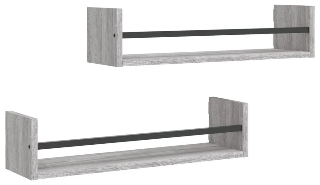2 db szürke sonoma színű fali polc rúddal 60 x 16 x 14 cm