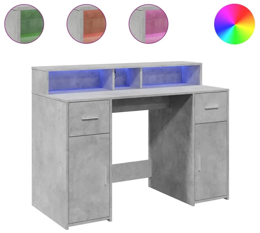 betonszürke szerelt fa íróasztal LED-világítással 120x55x91 cm