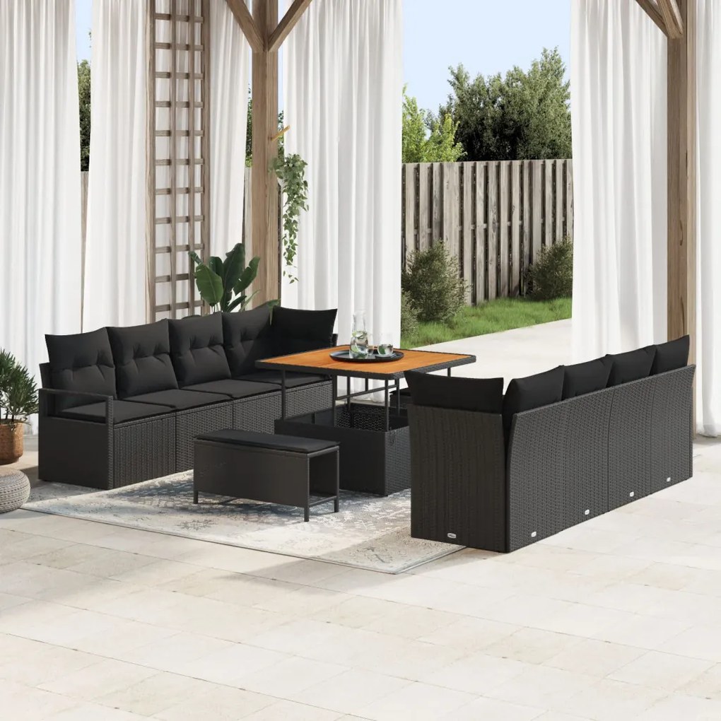 11 Darabos Kert Kanapé Szett Párnákkal Fekete Poly Rattan Eukaliptusz, 2-Fős Kert Kanapé Párnákkal Fekete Poly Rattan, 3 Darabos Kert Étkező Szett Párnákkal Fekete Poly Rattan Eukaliptusz