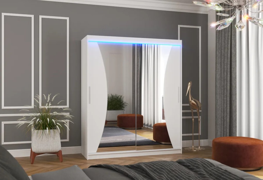 SWIFT tolóajtós ruhásszekrény tükörrel, 180x215x58, sonoma + LED