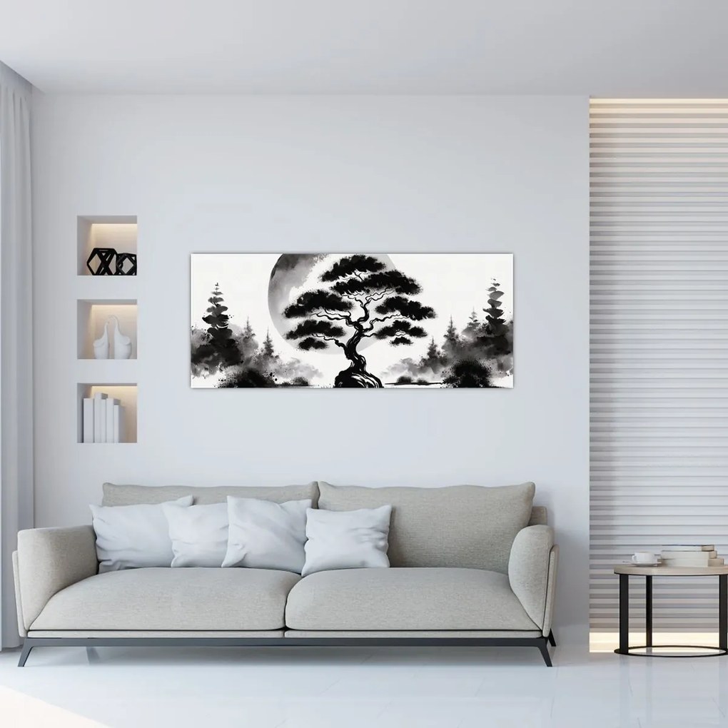Kép – Fekete-fehér bonsai (120x50 cm)