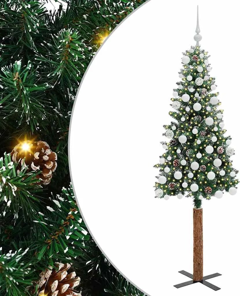 vidaXL Karcsú karácsonyfa 300 LED-del Zöld 180 cm PVC és tömör fenyőfa