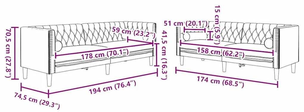 Kanapé Szett 2 pcs Fekete Bársony