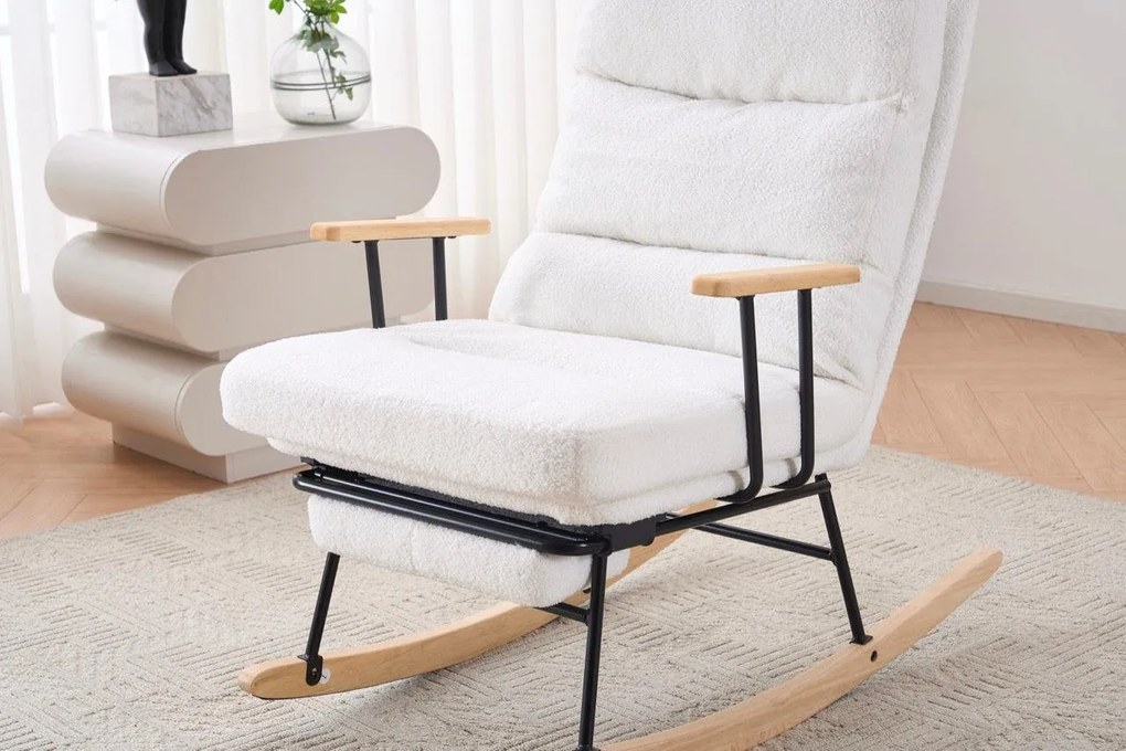 Hintaszék fa lábakkal, plüss szövettel, 4 fokozatban állítható háttámlával, fehér
