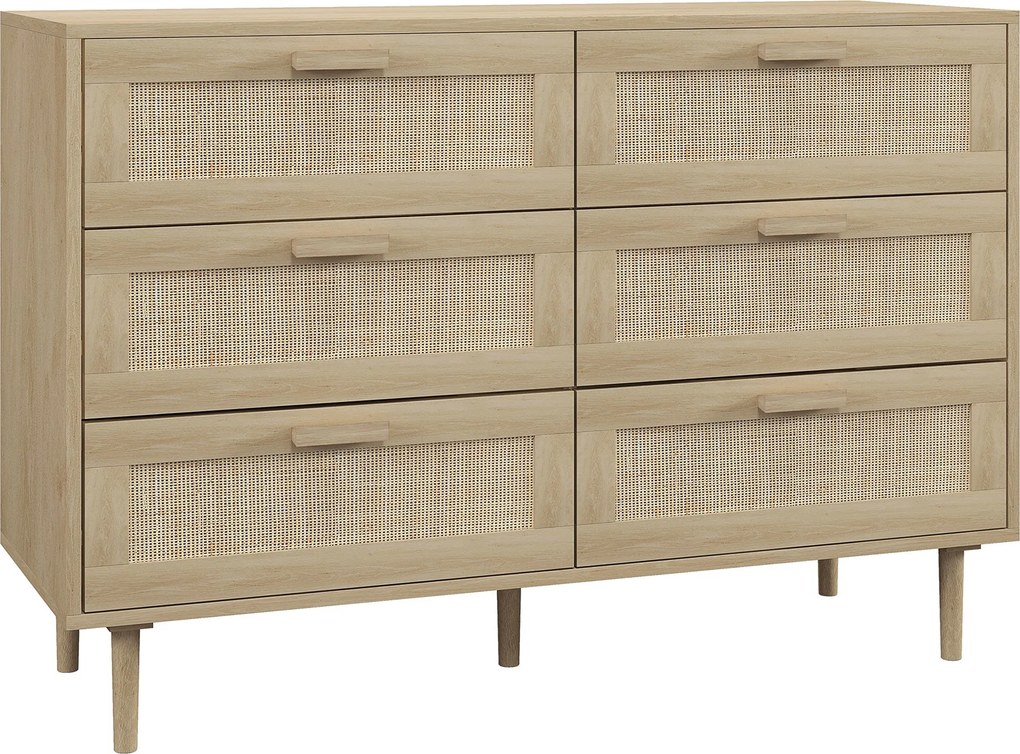 HOMCOM 6 fiókos tárolószekrény fonott előlappal, 110L x 40W x 75H cm, világos fa hatás | Aosom