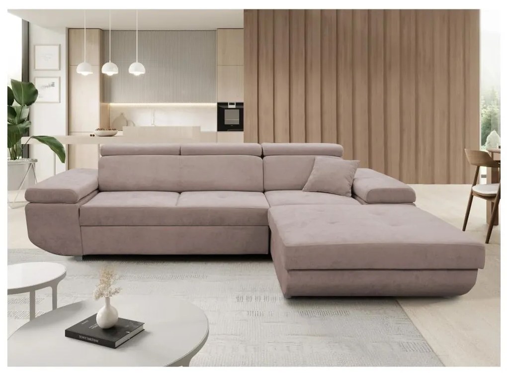 CASTELO L-alakú, ággyá alakítható jobb oldali sarokkanapé tárolóval, bézs