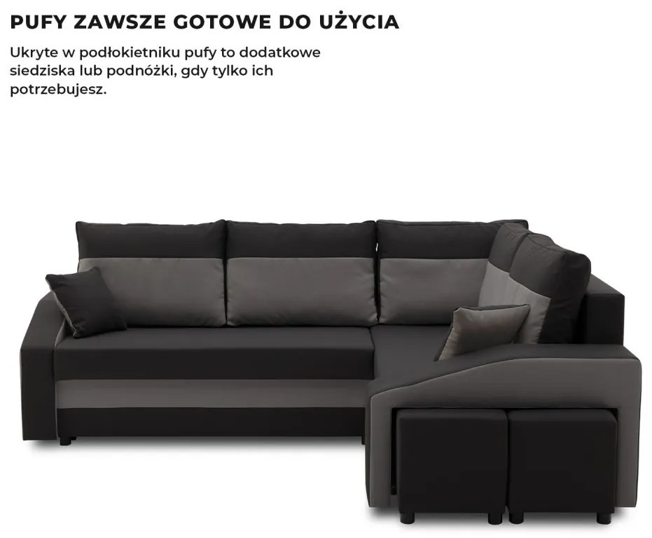 Grande sarokkanapé polcokkal és puffokkal , polc a bal karfaban puffok a jobb karfaban, jobboldali, szövet anyag, bonell töltet, fekete - szürke