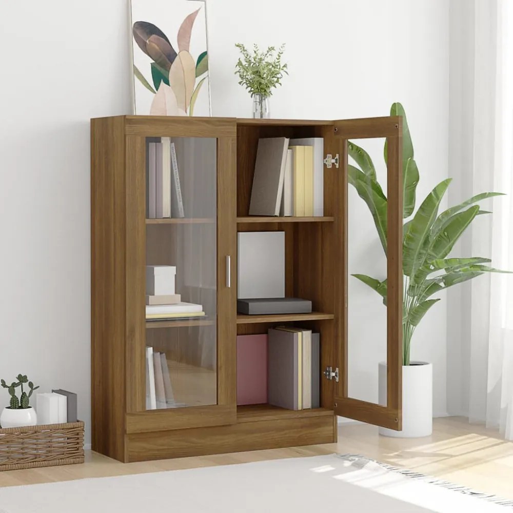 barna tölgyszínű szerelt fa vitrinszekrény 82,5x30,5x115 cm