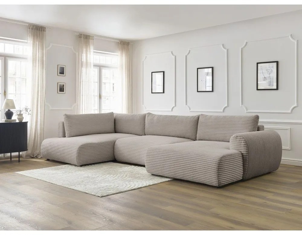 Világosszürkésbézs kordbársony kinyitható sarokkanapé (jobb oldali-U alakú) Lucien – Bobochic Paris