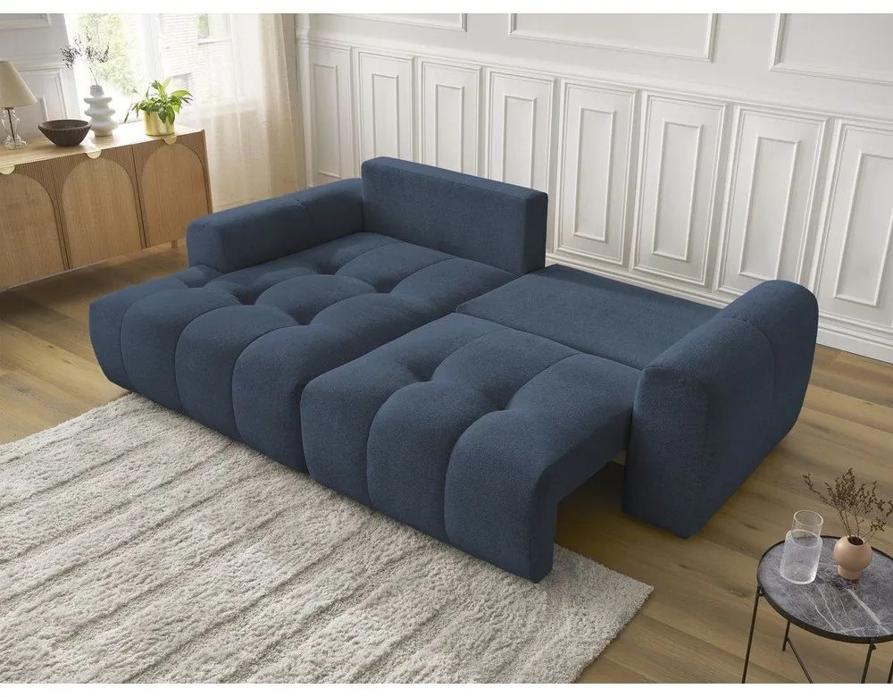 Kék zsenília kinyitható-tárolóhelyes sarokkanapé (bal oldali-heverő résszel) Roxelane – Bobochic Paris