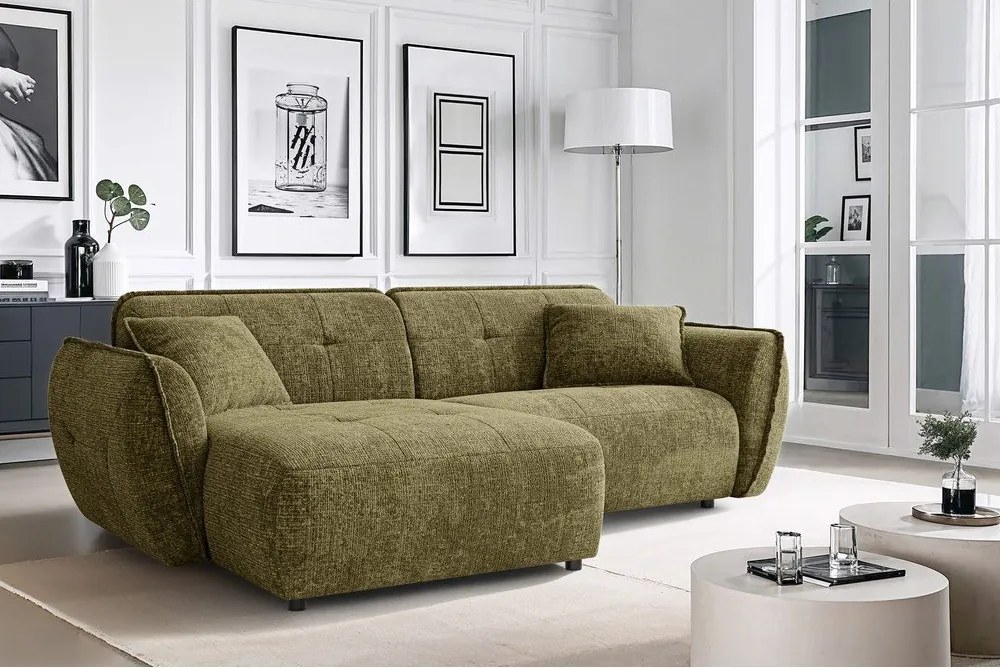 Zöld zsenília sarokkanapé (bal oldali-heverő résszel) Nelia – Ropez