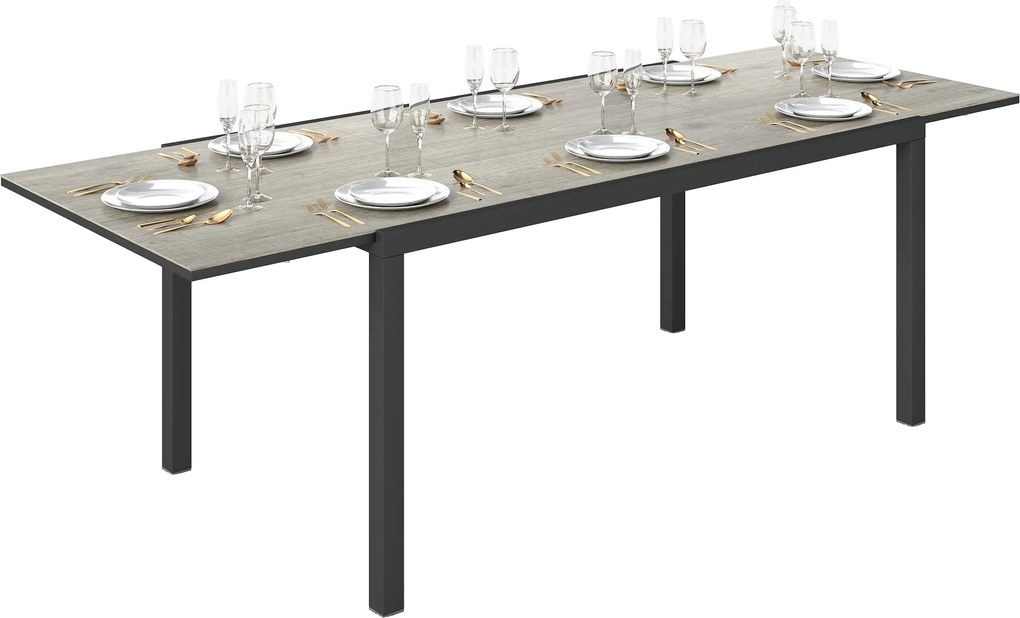 Outsunny Bővíthető Kerti Asztal 6-8 Fős Étkezőasztal, 160/240 x 90cm Alumínium Erkélyasztal Faplatni Hatású, Időjárásálló Teraszasztal Kültéri Büféasz