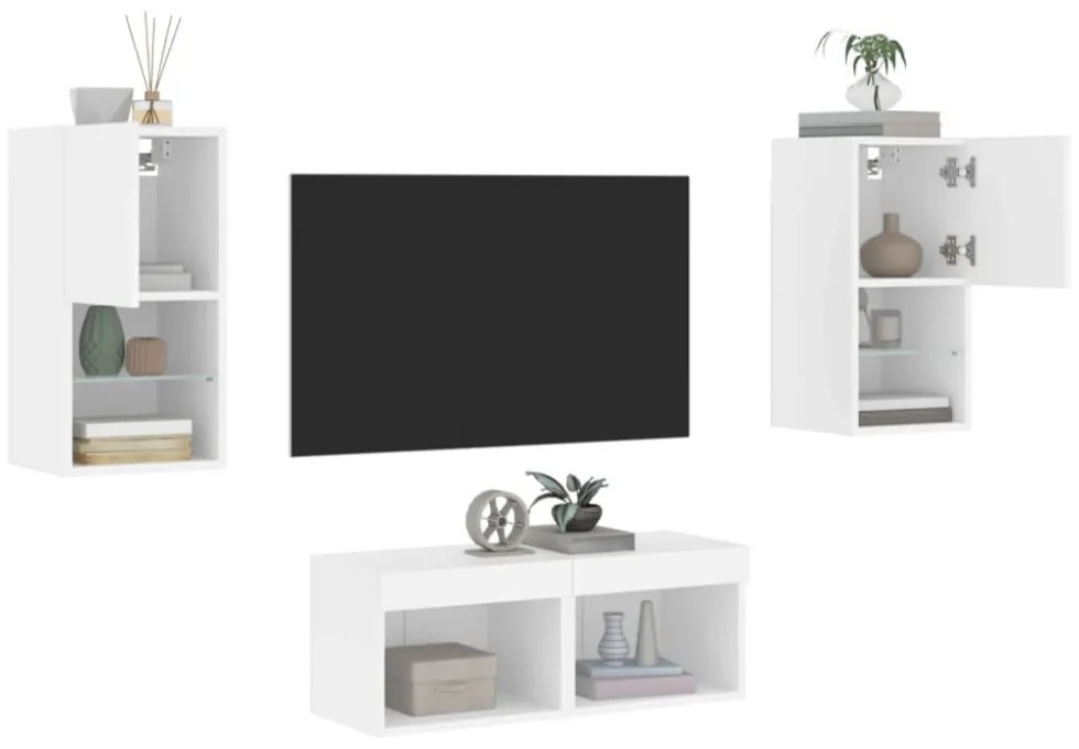 4 darab fehér falra szerelhető TV-szekrény LED-del