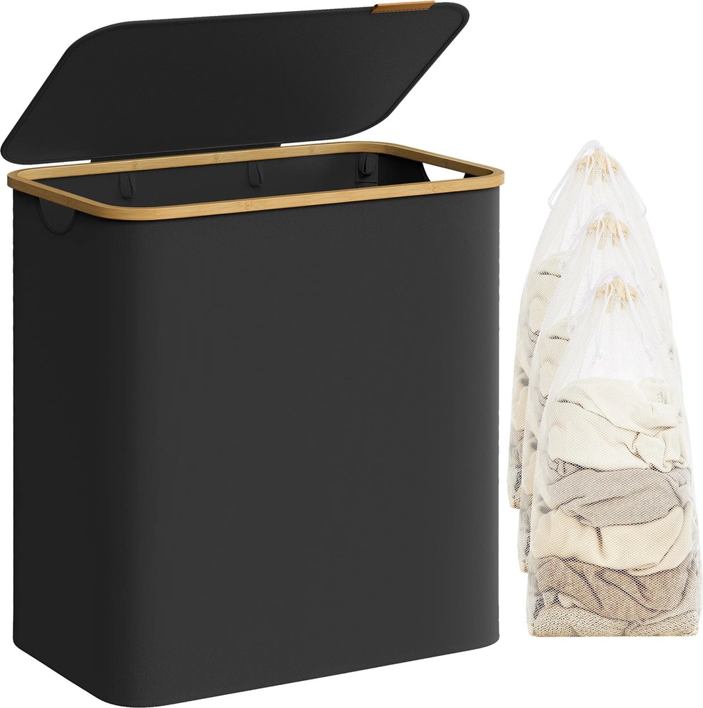 Fedeles, 3 rekeszes mosókosár, 150L, levehető bélés, összecsukható, fekete