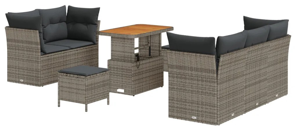 8 Darabos Kert Sofa Szett Párnákkal Szürke Poli Rattan Akácia, 3 Darabos Kert Étkező Szett Párnákkal Szürke Poli Rattan Akácia