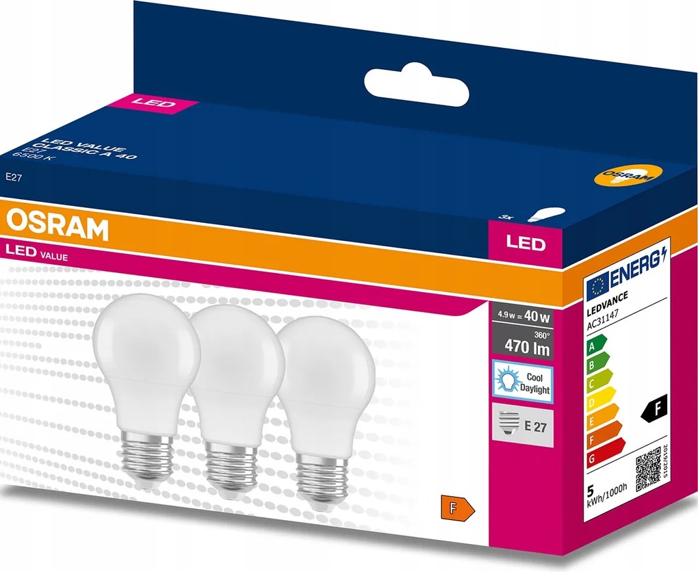 3x Led izzó E27 A60 4,9W 40W 470lm 4000K Semleges 200° Osram Value