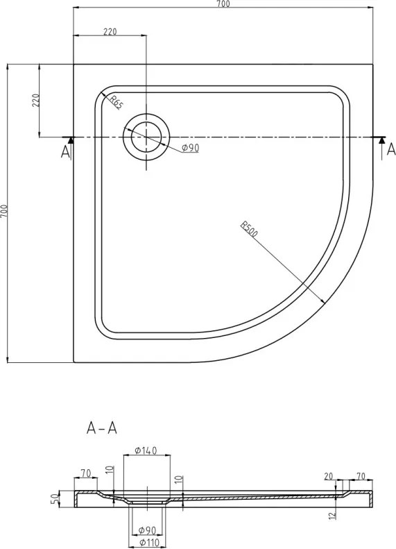 Mexen Flat félkör alakú slim zuhanytálca 70 x 70 cm, fehér, króm szifon - 41107070