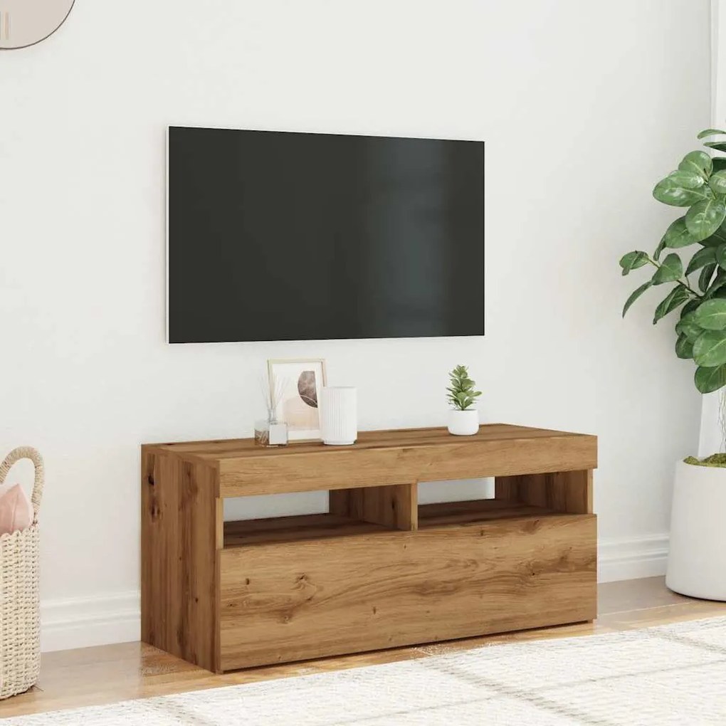 kézműves tölgy szerelt fa TV-szekrény LED-ekkel 90x35x40 cm