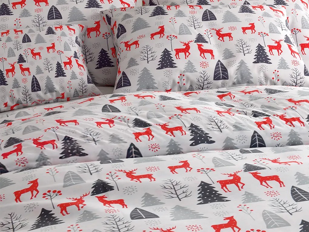 Flanel ágynemű RED DEERS AND TREES fehér Ágyneműhuzat mérete: 2 db 70 x 90 cm | 200 x 220 cm