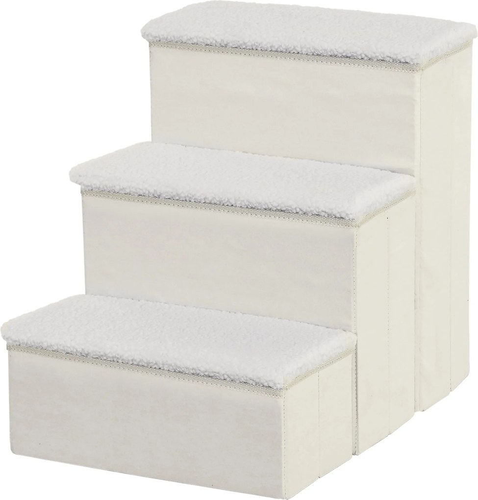 PawHut Háziállat Lépcső Macska Lépcső Kutya Lépcső Hajtható 3 Lépéses Háziállat Lépcső Tárolóhely a Macskák és Kutyák Számára MDF Fehér 40 x 54 x 48 c