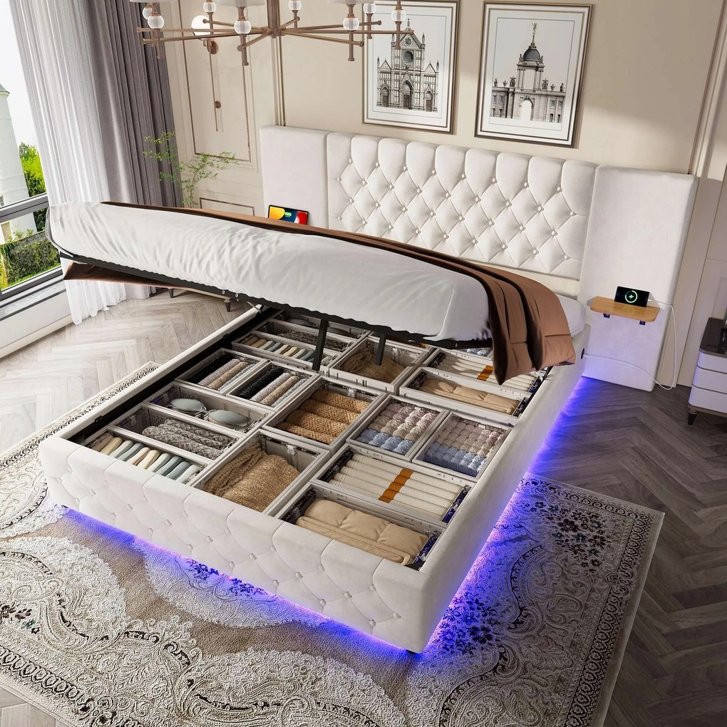 Kárpitozott ágy Franciaágy 160 x 200cm Led Usb Hidraulikus bézs