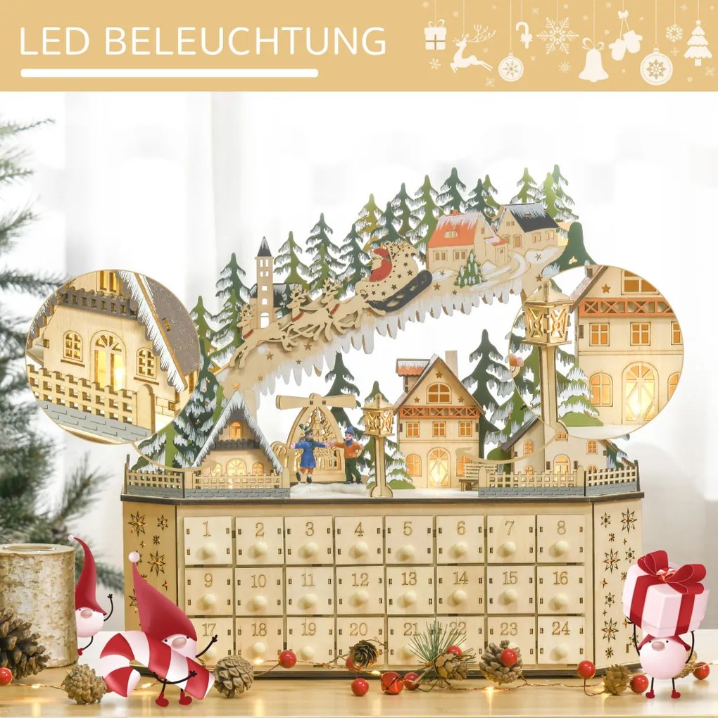 Adventi naptár 24 fiókkal és LED-fényekkel, 45x13x43 cm