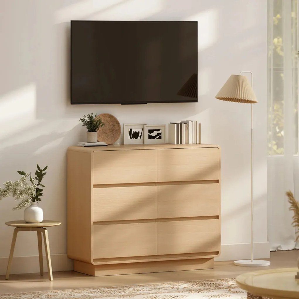 HOMCOM Komód, 6 fiókos büfészekrény, 100 x 38 x 86cm, nappaliba, étkezőbe, natúr fa