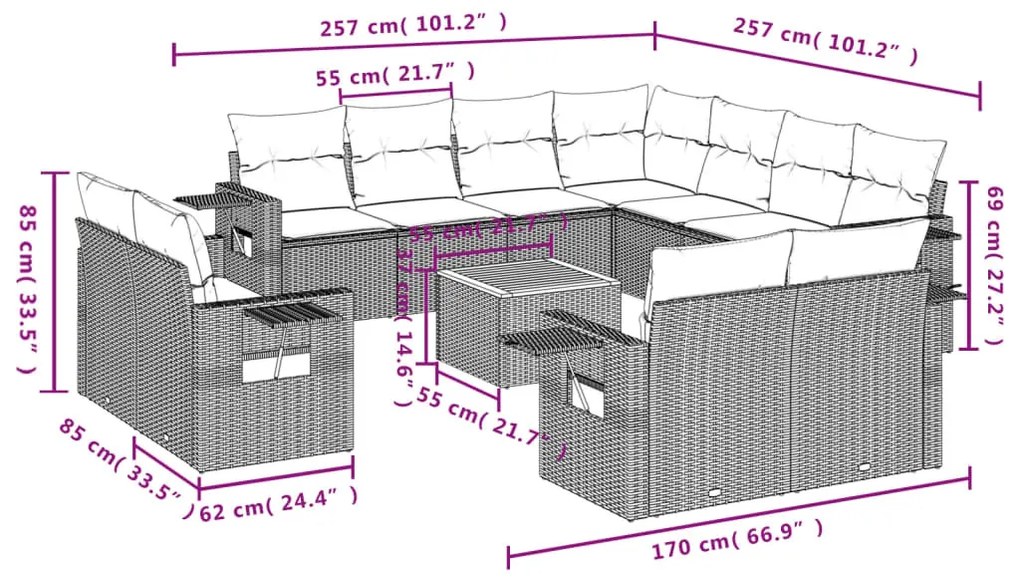 12 részes szürke polyrattan kerti ülőgarnitúra párnákkal