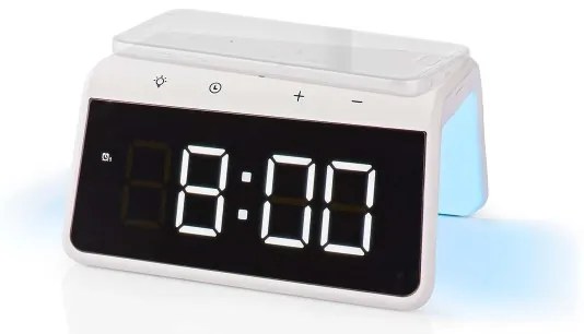 Nedis WCACQ30WT - Ébresztőóra LCD-vel és 15W/5V vezeték nélküli töltővel, fehér