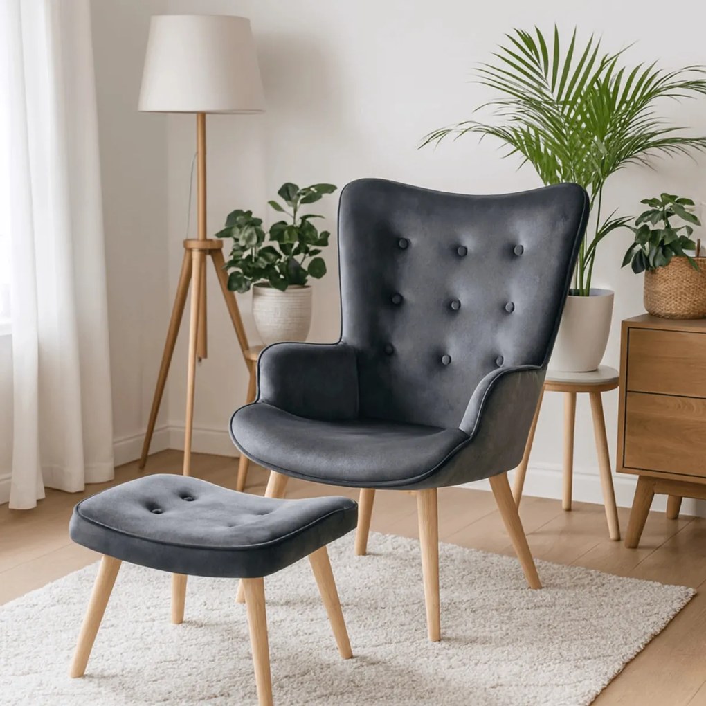 Pihenőfotel szürke színben, bársony kárpittal, lábtartóval LOZANO