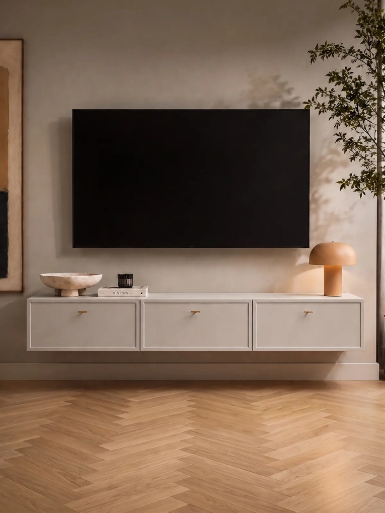 Lorini fali fiókos TV szekrény 200 cm - kasmír / arany T-bar fogantyúk