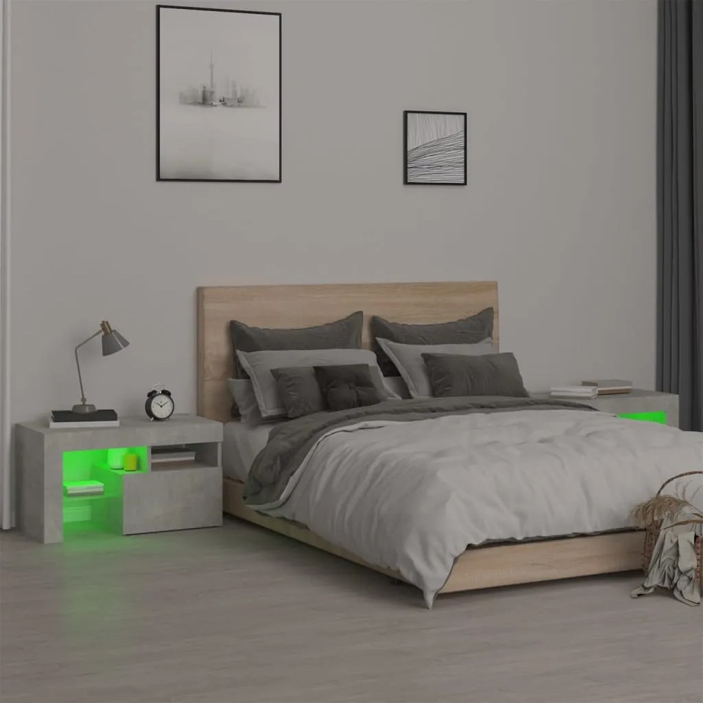 2 db betonszürke LED-lámpás éjjeliszekrény 70x36,5x40 cm