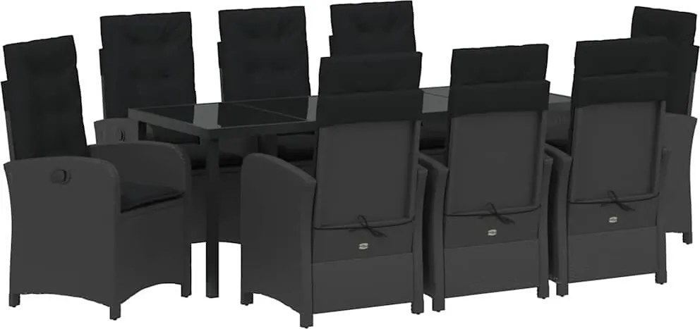 vidaXL Kert étkező szett párnával 9 pcs Fekete polirattan