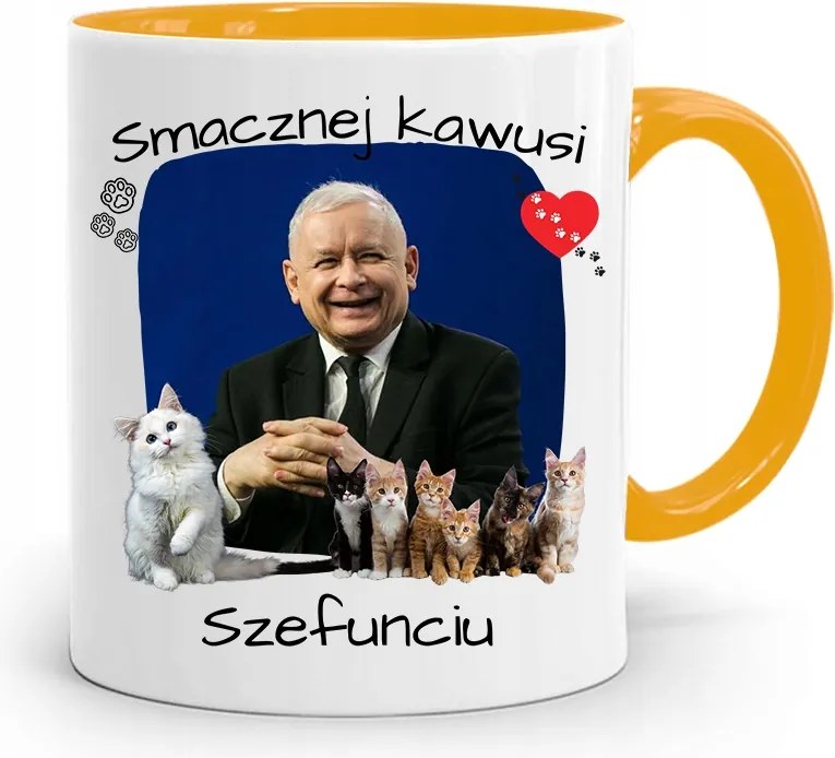Sárga Vicces Bögre Jaroslaw Kaczynski felirattal, fényképpel