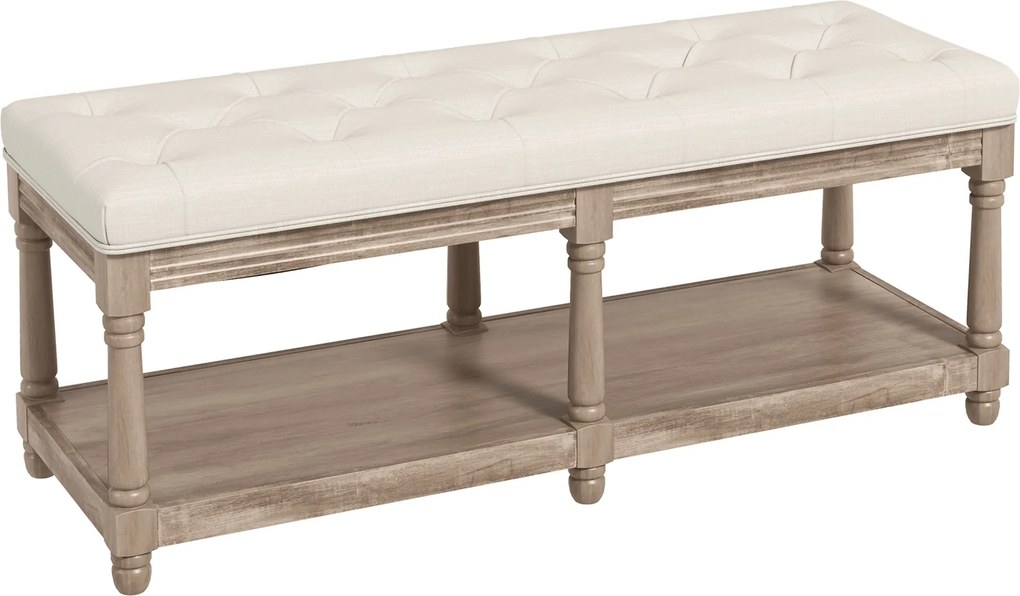 HOMCOM Kárpitozott Cipőpad Classic Stílus 2-rétegű Polcssal 115cm Ágyvégi Kárpitozott Faragott Fa Lábak Lino Bézs | Aosom