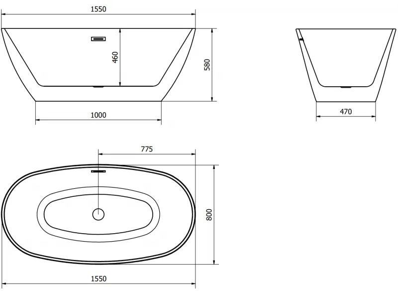 Mexen Eris, szabadon álló kád 155 x 80 cm, fehér-fekete, réz túlfolyó, 53441558075-65