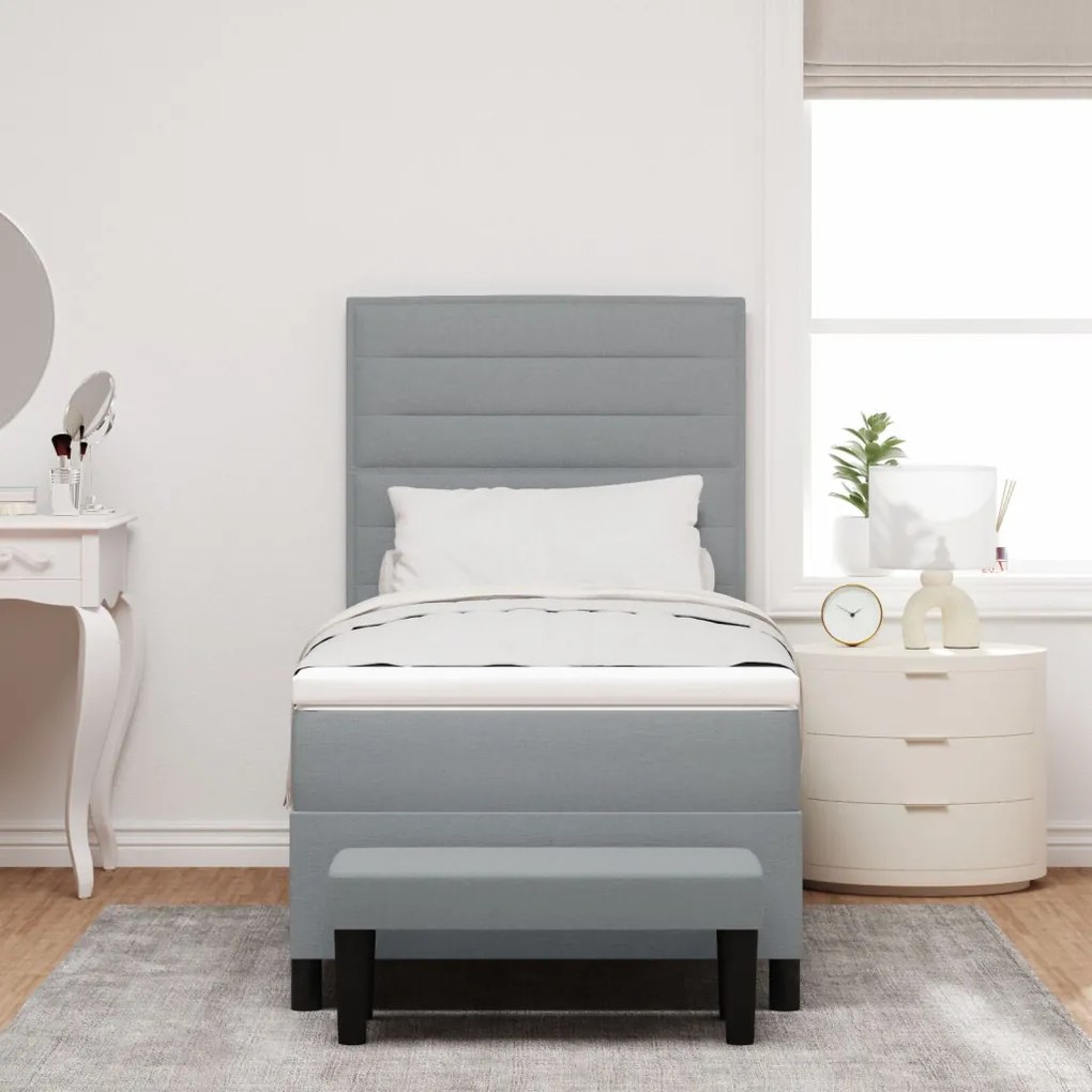 Boxspring ágy matraccal és pad light szürke 90 x 190 cm szövet